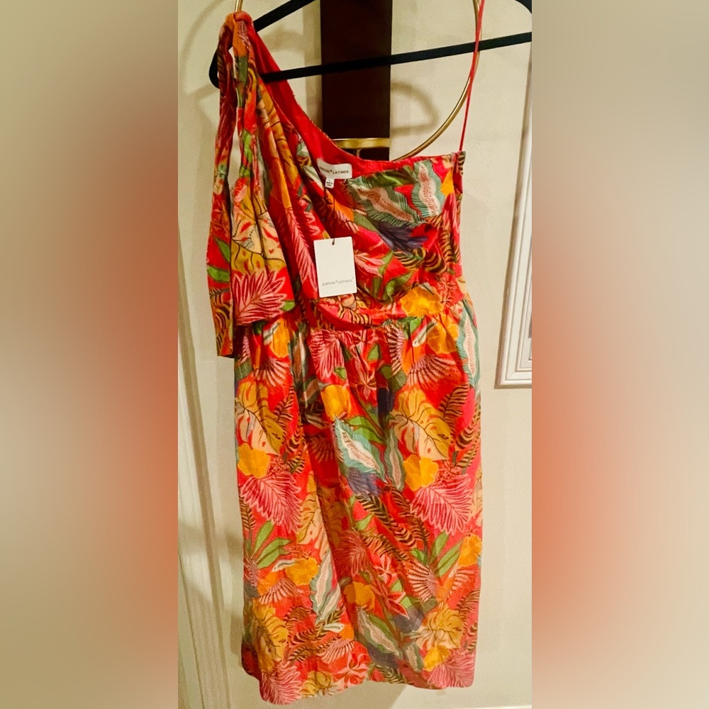 Gibson Latimer Bright Red Tropical one shoulder dress with Multicolor Leaves